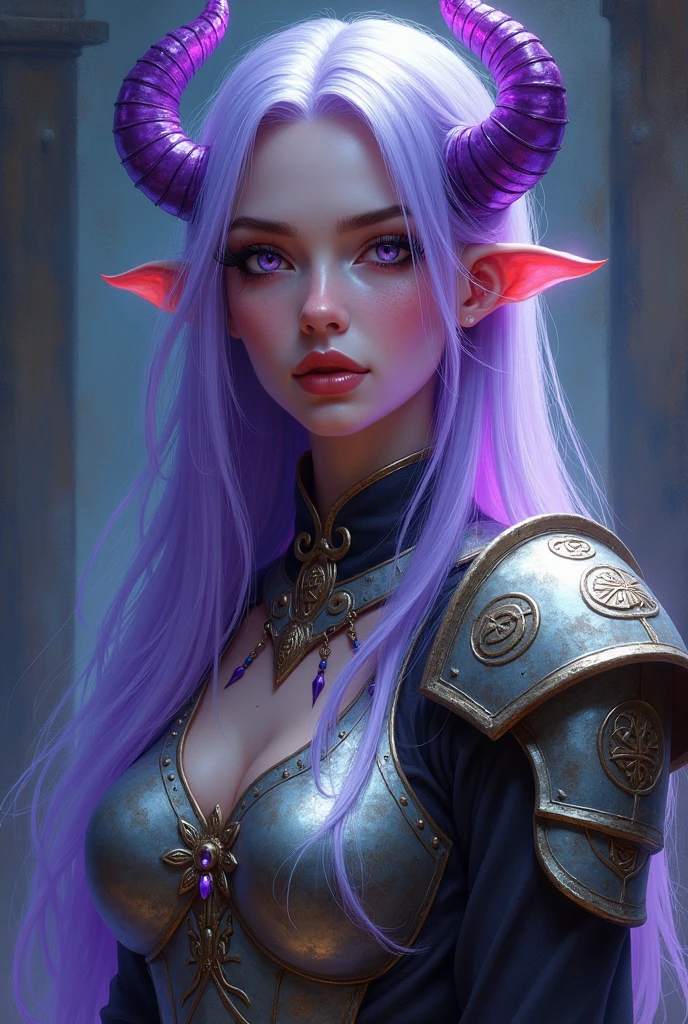 D&D portrait in the style of a high fantasy oil painting, female demon necromancer boasting light purple hair cascading over her light armor, adorned with mysterious runes and emanating a subtle dark aura, her eyes capturing attention with extremely long eyelashes, backlit with a sinister glow from her latest conjuration, vivid colors, golden ratio, dramatic lighting, highly detailed.