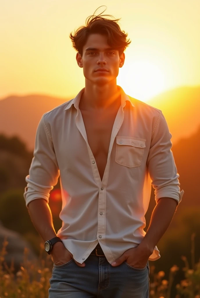 A young man with an oval face, standing confidently against a soft, golden sunset. He has brown eyes and tousled brown hair, with the warm light highlighting his facial features and toned physique. He wears a casual yet stylish outfit—perhaps a light, flowing shirt with the top buttons undone and jeans. The background is a blurred, natural setting, with hints of greenery and distant hills, creating a peaceful, dreamy atmosphere