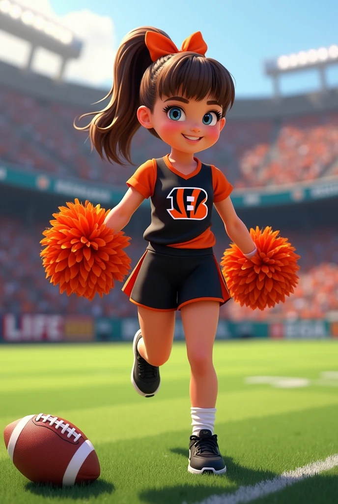 Bengals cheerleader tween
Chunky body
Brown hair, medium length in ponytail, bangs,
blue eyes
football field stadium
Black & orange one piece outfit with Bengals logo black nike shoes
No socks
hair bow
With tiger mascot on field
Smiling
Football on ground
Pompom on ground