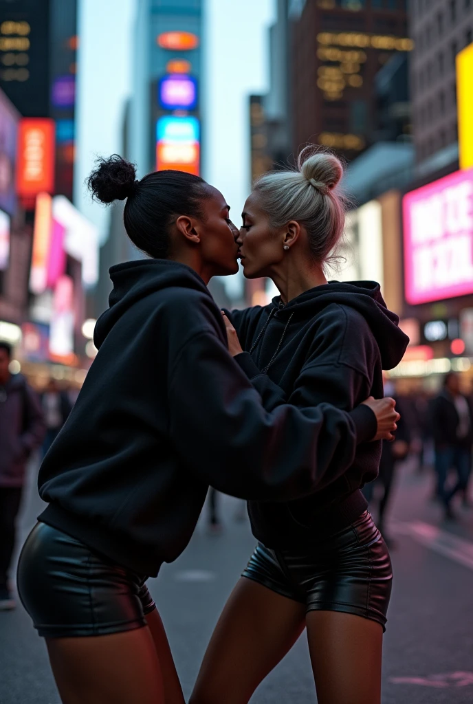 black woman hair in a bun black hoodie black leather short shorts bent over and old woman humping her bump time square new york city