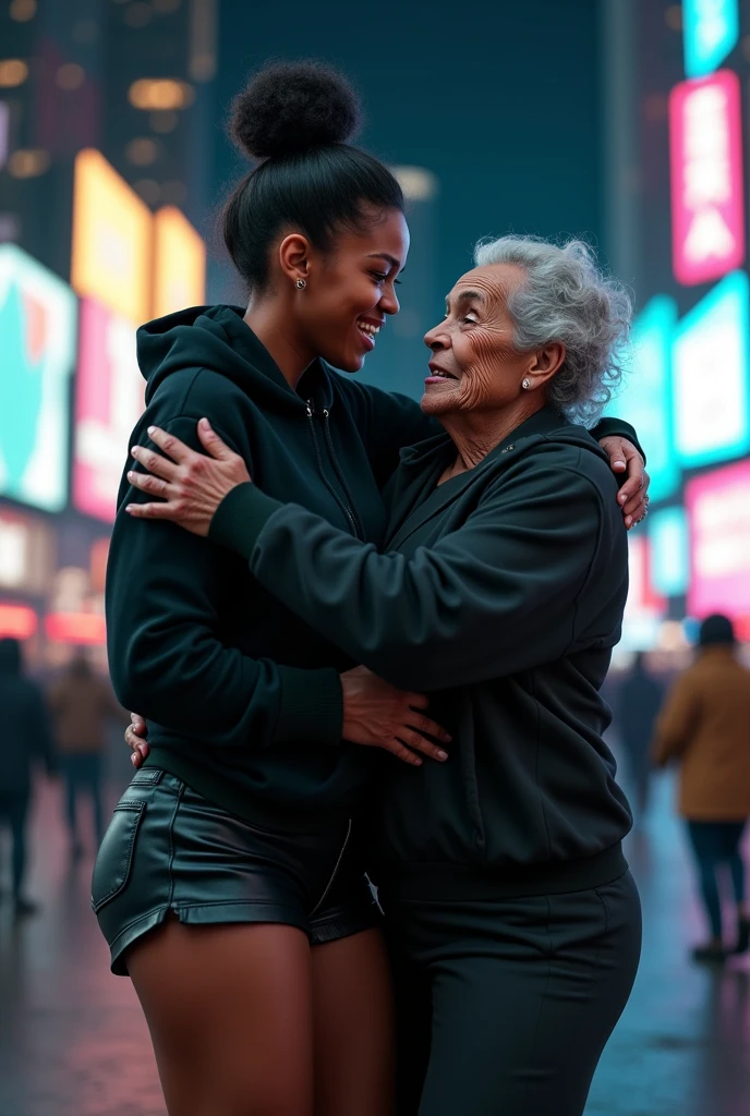 black woman hair in a bun black hoodie black leather short shorts bent over and old woman humping her bump time square new york city