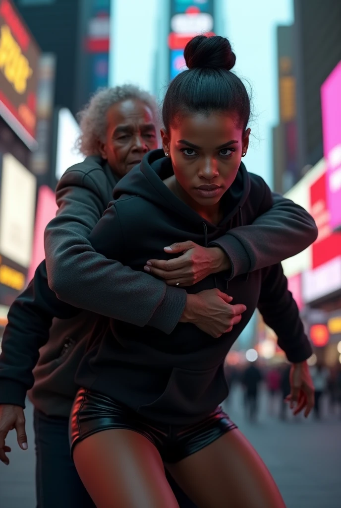 black woman hair in a bun black hoodie black leather short shorts bent over and old woman humping her bump time square new york city