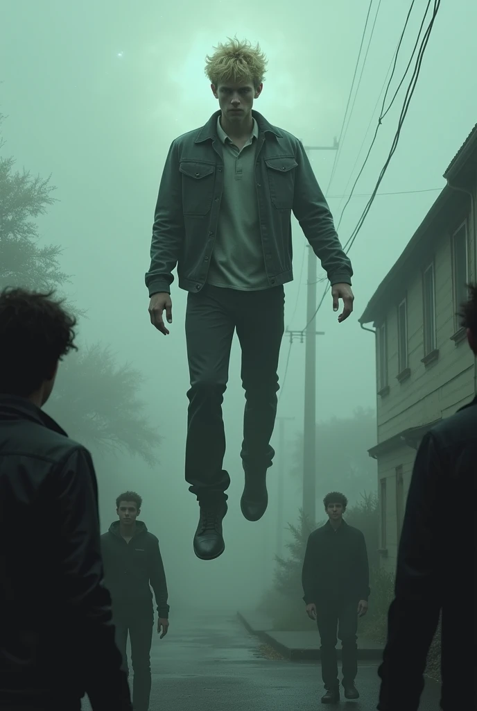 I want you to create a character around 20 years old with psychic powers.. He is white, blond with not so strong physique. Levitating above a house he can mentally control several people around him