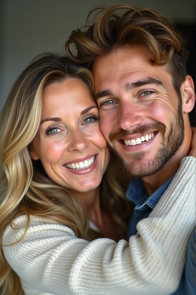 a happy couple , a woman in her 50s green eyes blonde hair , hugged by a man in his 30s with light brown hair , black hair , eyes browns , Embraced and happy . Like a selfie 