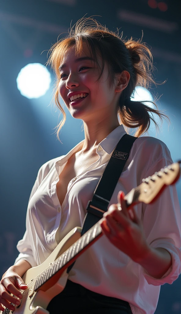 Realistic, Japanese women, drummer, Playing the red drums, rock band, On the concert stage, Brightly lit by stage spotlights, Very bright lighting, white light lighting,Wearing a white shirt, Medium length light brown hair, ponytail, Hair blowing in the wind, Her hair is messy and unkempt..., beautiful, White and translucent skin, Sweat splash, Charming person, Very large breasts, Show me my skin, Natural Makeup, Small Nose, Smooth jawline, Glossy face, Blushing, 大きなsmile高解像度, Anatomically correct, Highest quality, Very detailed, Attention to detail, Looking down, Cowboy Shot, vision, smile,enjoy,Wide-angle shot, Uplifting,Gaze, 