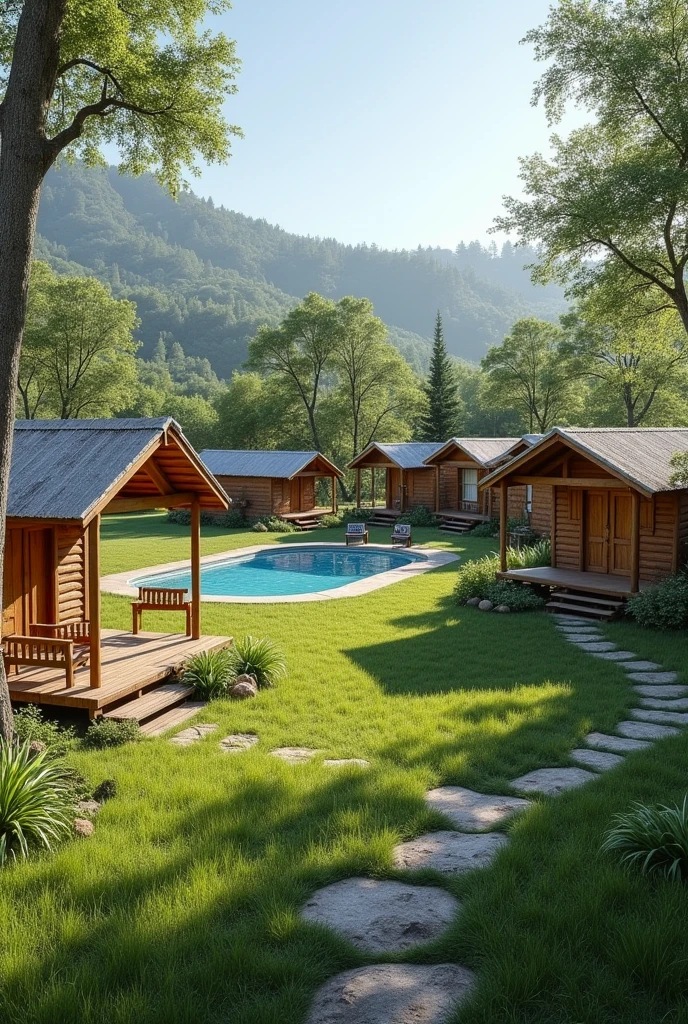 I want you to create some camping-type cabins in a field where there is a swimming pool., Make it as if it were real is a project to build cabins for camping or lodging in my tourist complex