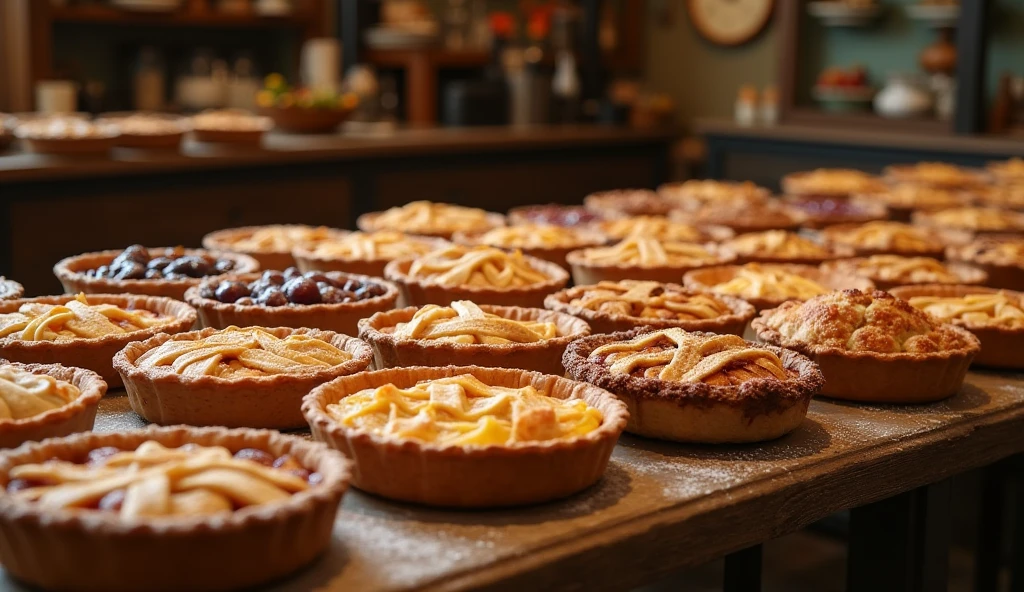 Large table,different kinds of small pies on it