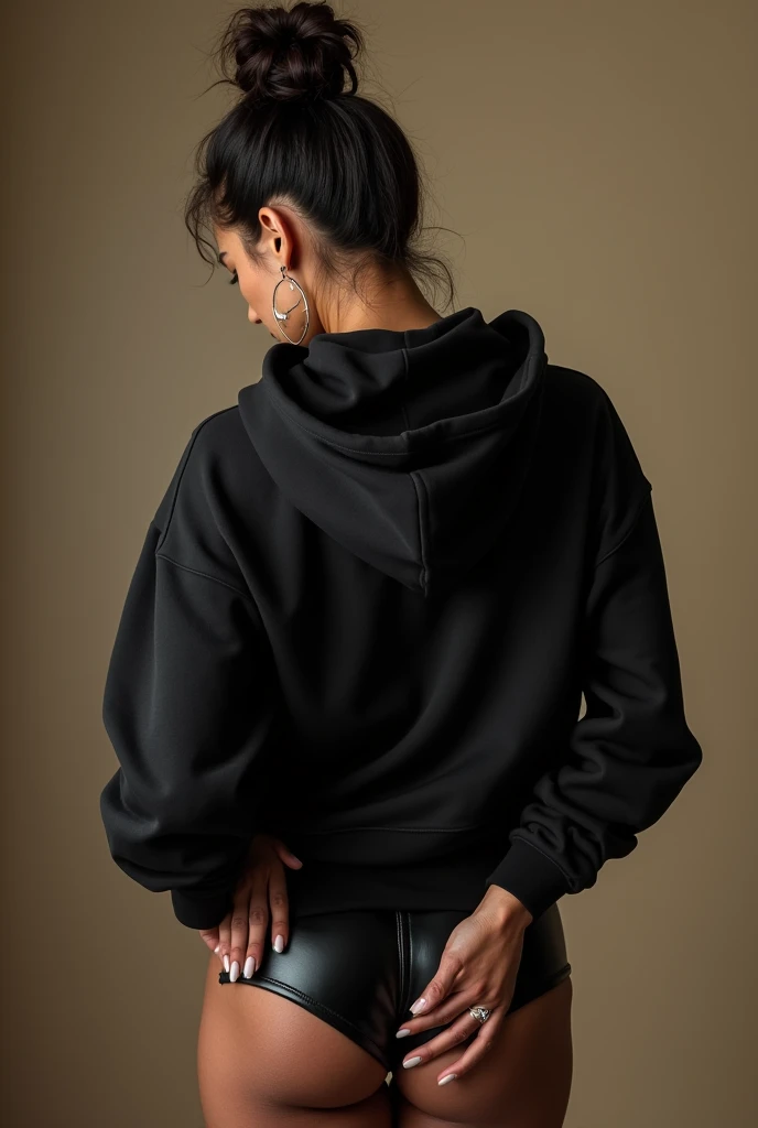 black woman hair in a bun black hoodie black leather short shorts being fucked in the ass by a old grandma in a dress