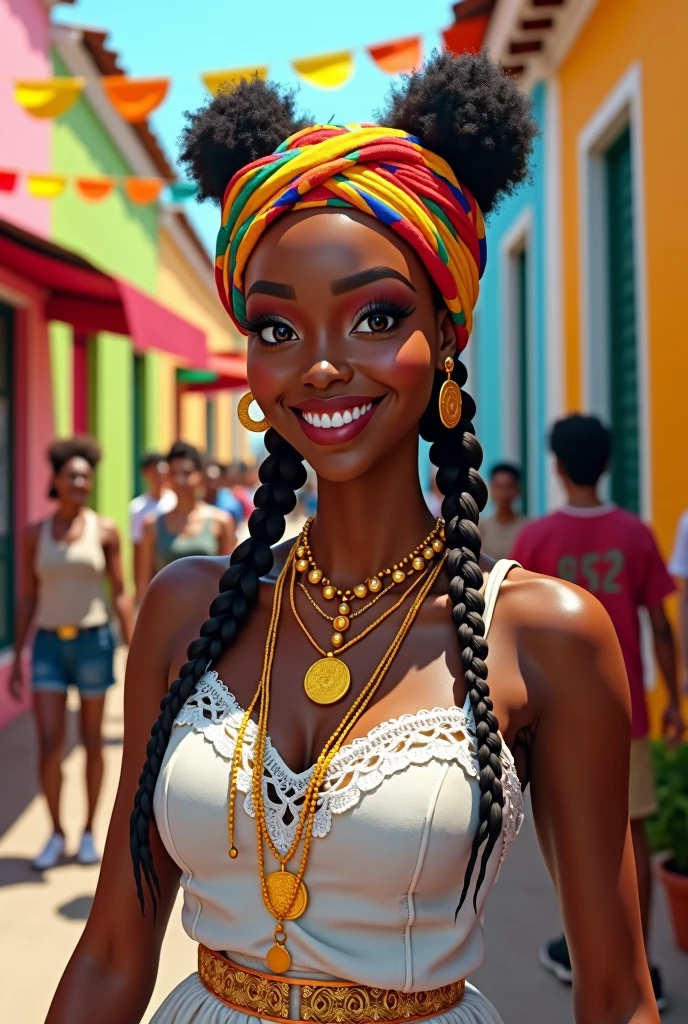 A beautiful Afro-Brazilian woman from Bahia standing in a vibrant street during Carnival. She has rich dark skin, wearing traditional Bahian clothing—a white lace dress, a colorful headwrap, and gold jewelry. Her expression is joyful, radiating confidence and pride in her culture. The background features colorful colonial buildings and festive decorations. The scene is full of life, with vibrant colors and an atmosphere of celebration.Cabelo com duas tranças altas, 