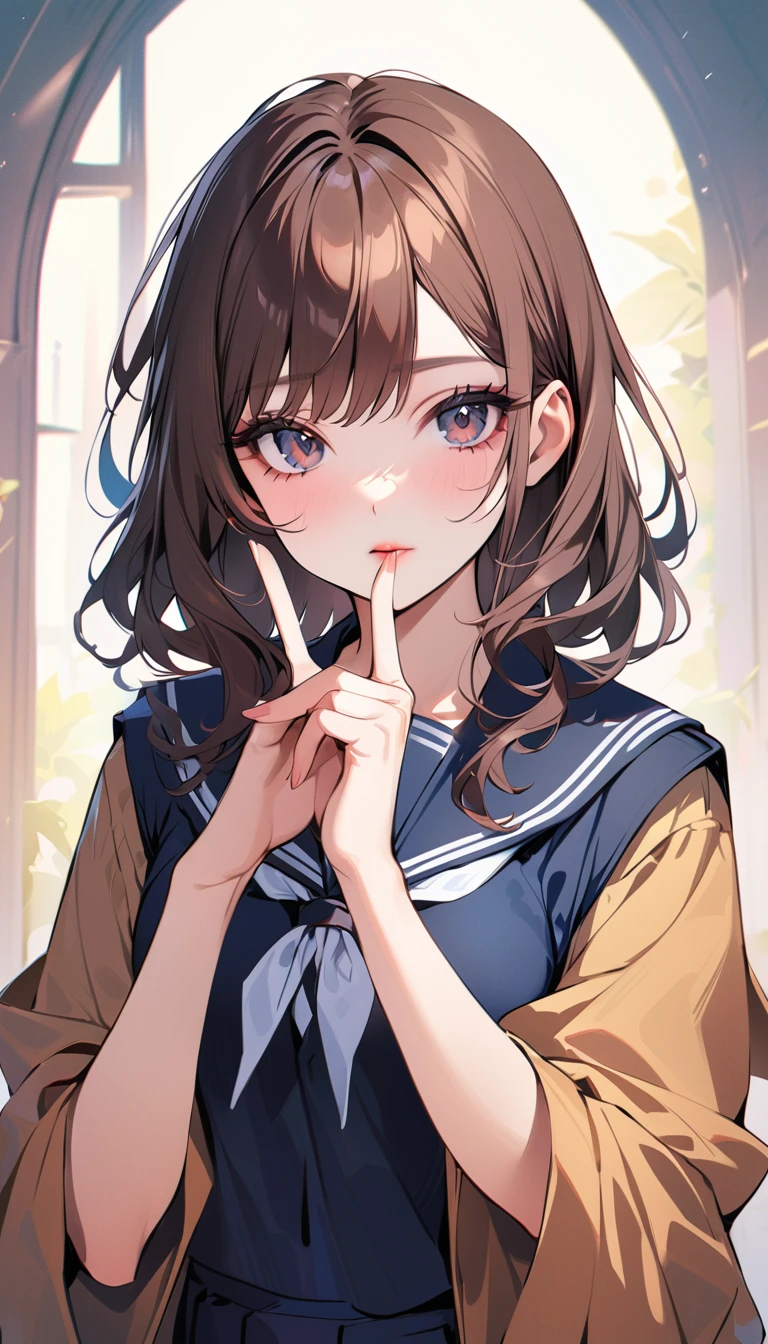1woman, solo, brown hair, black eyes, detailed eyes, eyelashes, light lips, 25years old, school uniform, put index finger on mouth, looking at viewer