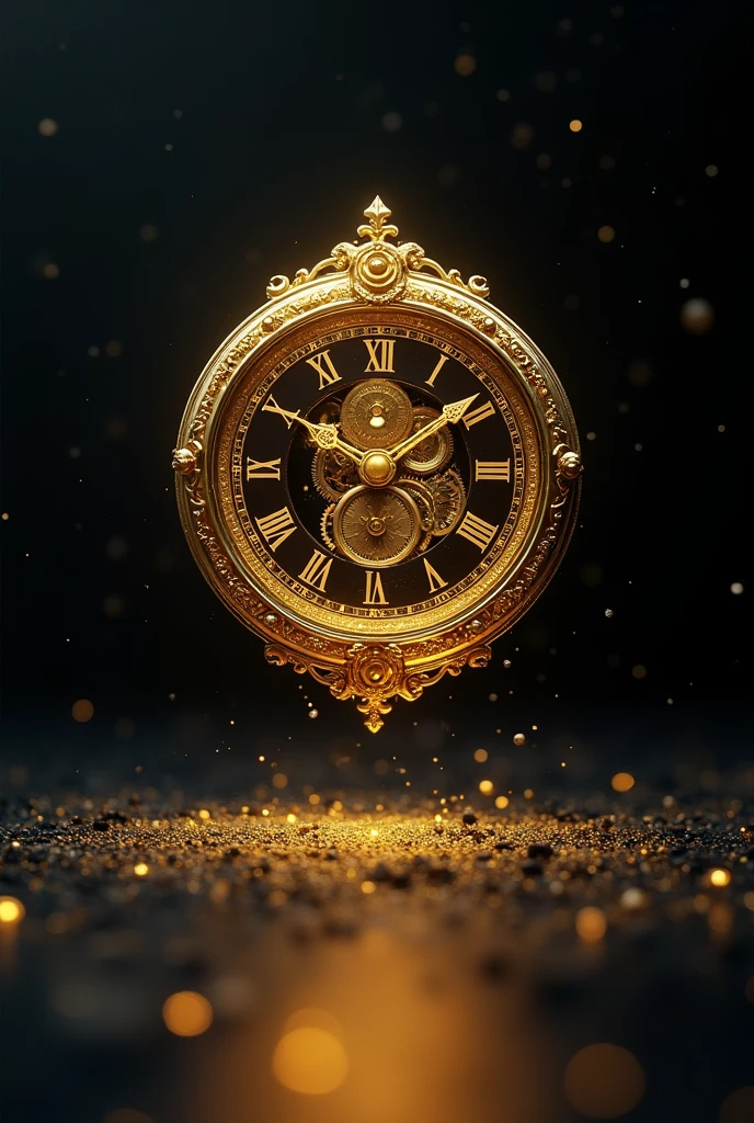 Golden Clock, Floating,Without humans, Maintaining balance,Dark background,Space