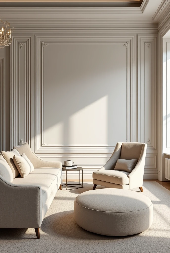 * An elegant apartment with a modern neoclassical design, Light-colored walls with detailed moldings, High ceilings, and furniture that combines modern lines with classic details. Soft lighting that highlights the beauty of the space.