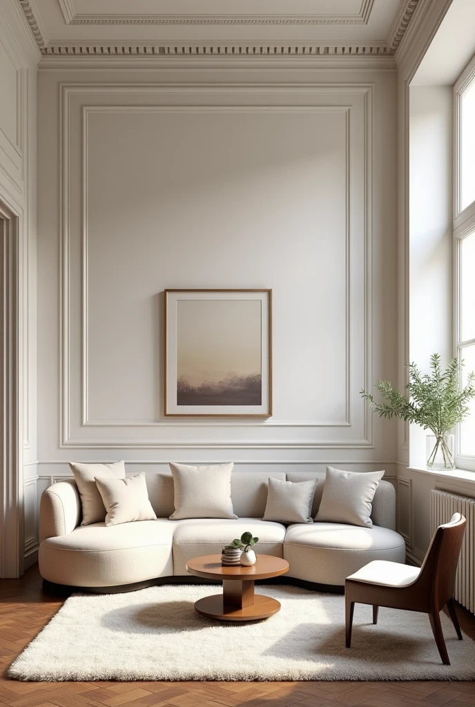 * An elegant apartment with a modern neoclassical design, Light-colored walls with detailed moldings, High ceilings, and furniture that combines modern lines with classic details. Soft lighting that highlights the beauty of the space.