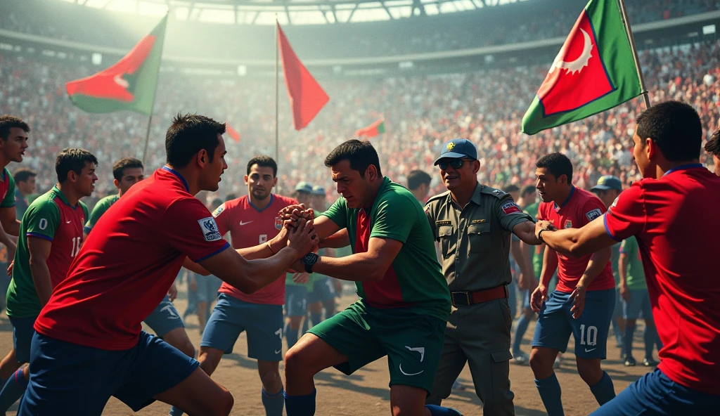 The audiences are fighting with each other angrily in the stadium wearing nepals football jerseys and bangladesh football jersey , and police trying to stop them there should be nepals flag and bangladesh flag in the back of tshirt.