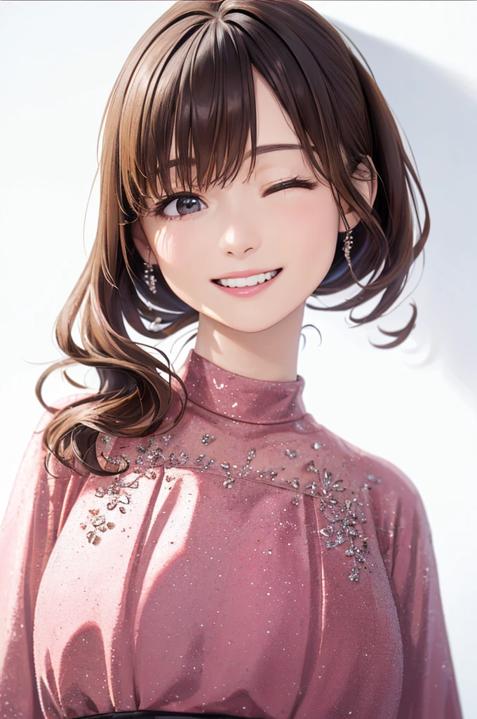 (((Frame In、Solo Shot、Pure white wall background、Highest quality、8k、32K、masterpiece)))、(Realistic)、(Realistic:1.2)、(High resolution)、Very detailed、Very beautiful face and eyes、1 person、Round and small face、Tight waist、Delicate body、(close、Highest quality、Attention to detail、Rich skin detail)、(Highest quality、8k、Oil paints:1.2)、Very detailed、(Realistic、Realistic:1.37)、Bright colors、(((Brown Hair)))、(((chestnut-colored hair)))、(((Short Ponytail)))、(((Cowboy Shot)))、(((Medium Hair)))、(((The bangs are uniform)))、(((Pure white wall background)))、(((Wearing idol costumes)))、(((Fluffy dresses)))、(((pink black dress)))、(((smile)))、(((1 female)))、(((A happy look)))、(((Eyes closed、Teeth are visible)))
