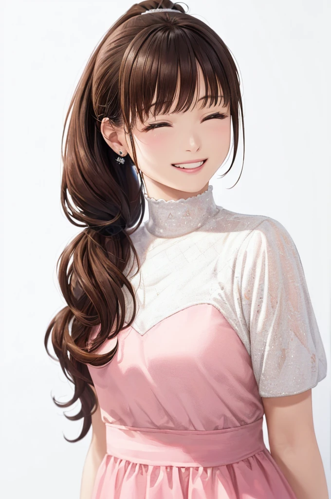 (((Frame In、Solo Shot、Pure white wall background、Highest quality、8k、32K、masterpiece)))、(Realistic)、(Realistic:1.2)、(High resolution)、Very detailed、Very beautiful face and eyes、1 person、Round and small face、Tight waist、Delicate body、(close、Highest quality、Attention to detail、Rich skin detail)、(Highest quality、8k、Oil paints:1.2)、Very detailed、(Realistic、Realistic:1.37)、Bright colors、(((Brown Hair)))、(((chestnut-colored hair)))、(((Short Ponytail)))、(((Cowboy Shot)))、(((Medium Hair)))、(((The bangs are uniform)))、(((Pure white wall background)))、(((Wearing idol costumes)))、(((Fluffy dresses)))、(((pink black dress)))、(((smile)))、(((1 female)))、(((A happy look)))、(((Eyes closed、Teeth are visible)))