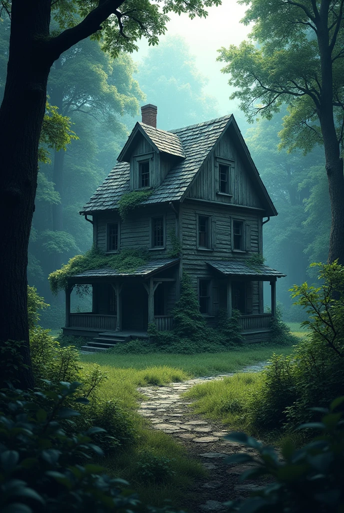 A remote, abandoned house in the village, surrounded by dense forest. The house is old, with creaky wooden floors, dusty furniture, and an eerie atmosphere. 3d animation image