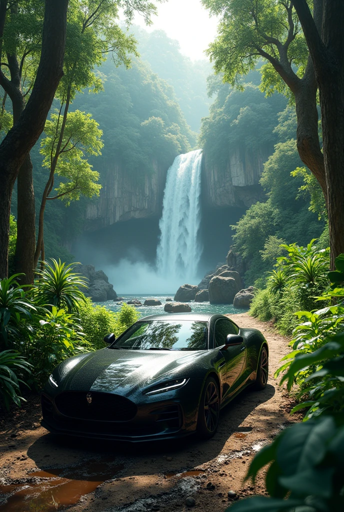 A black kar drive in jungle with beautiful waterfall around 