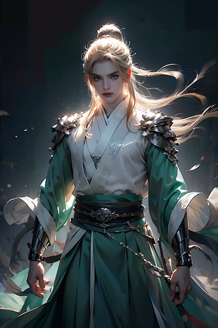 a man with blond hair and blue eyes highlighted wearing traditional Chinese clothing, traditional clothing from the Tang dynasty, emerald and blue tones, bringing power and strength to the image, symbol of a dragon on the chest (best quality, 4k, 8k, high resolution , art - prime: 1.2), ultra detailed, (realistic, photorealistic, photorealistic: 1.37), extremely detailed eyes and face, long eyelashes, intricate armor details, traditional Chinese robes, loose hair, emerald and silver color palette , powerful and serene expression, dramatic lighting, cinematic composition, award-winning digital art


