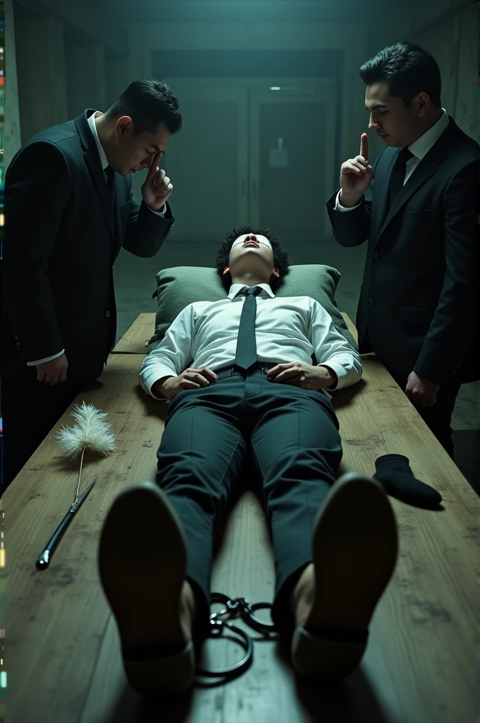Malaysia malay handsome  25years  student 
He fainted
Smelly feet
His hand handcuff in  abondon warehouse 
Blindfolded
handcuff
Formal Outfit 
Focus sweaty hot feet on desk
feather duster on desk
Dirty Yellow sock on desk
2 mafia pinch nose
