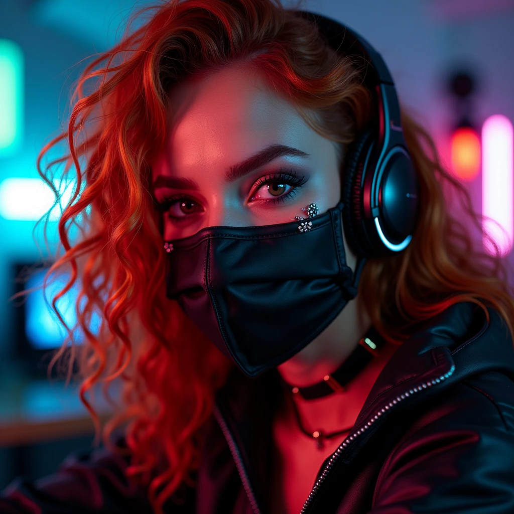 ((Very beautiful girl)), 8k, Young beautiful girl, ((Red curly hair)), red long hair, complex makeup, ((medical mask on mouth)), black medical leather mask, ((big expressive black eyes)), perfectly beautiful girl, jewelry, glitter, ((Gaming headphones on head)) glowing headphones ((in cyber suit)), Background: neon, night, gaming room, many details, first person, close-up, neon lighting, contour neon lighting,