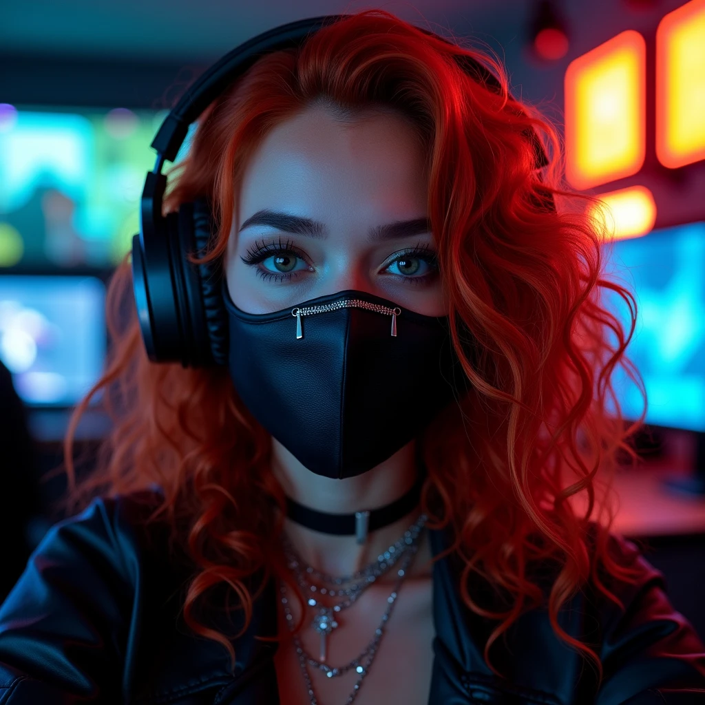 ((Very beautiful girl)), 8k, Young beautiful girl, ((Red curly hair)), red long hair, complex makeup, ((medical mask on mouth)), black medical leather mask, ((big expressive black eyes)), perfectly beautiful girl, jewelry, glitter, ((Gaming headphones on head)) glowing headphones ((in cyber suit)), Background: neon, night, gaming room, many details, first person, close-up, neon lighting, contour neon lighting,