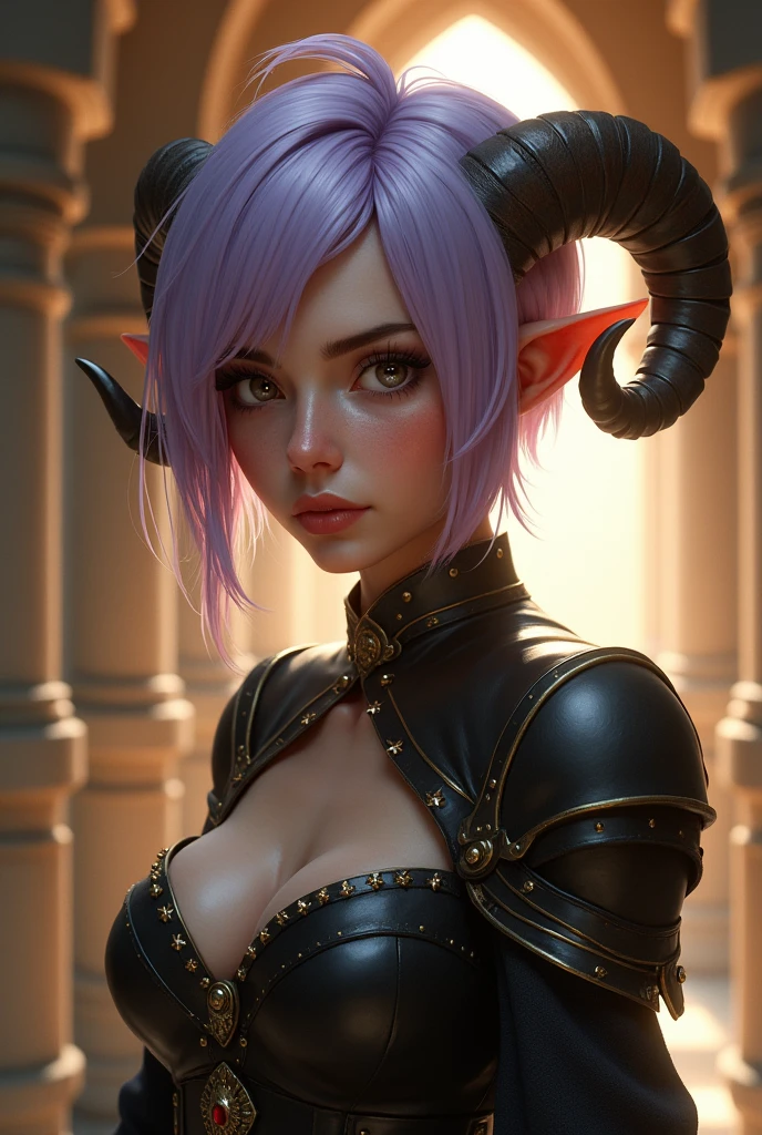 A close-up portrait of a beautiful female gnome character with sabrina, lavender hair, short hair and blunt bangs with ram horns. She has a serious, determined expression with highly detailed and expressive eyes, delicate features, sensual lips, and flawless complexion. The character is wearing a fantasy black leather armor with long claws and long nails focus, appearing as a rogue or fighter. The scene is set in a fantasy environment, possibly inside stone chambers with beautifully adorned columns, creating an ethereal, dreamy and romantic atmosphere. The lighting is warm and glowing, with a soft focus and gentle breeze, giving the image a filmic, summer vibes aesthetic. The character's feminine posture and graceful movements are seamlessly integrated with the detailed background, resulting in a visually stunning and professional-quality artwork.