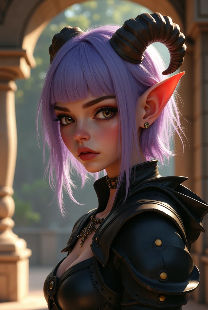 A close-up portrait of a beautiful female gnome character with sabrina, lavender hair, short hair and blunt bangs with ram horns. She has a serious, determined expression with highly detailed and expressive eyes, delicate features, sensual lips, and flawless complexion. The character is wearing a fantasy black leather armor with long claws and long nails focus, appearing as a rogue or fighter. The scene is set in a fantasy environment, possibly inside stone chambers with beautifully adorned columns, creating an ethereal, dreamy and romantic atmosphere. The lighting is warm and glowing, with a soft focus and gentle breeze, giving the image a filmic, summer vibes aesthetic. The character's feminine posture and graceful movements are seamlessly integrated with the detailed background, resulting in a visually stunning and professional-quality artwork.