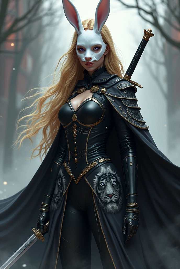 Girl with golden hair and violet eyes, she wore a white rabbit mask. The mask only covers the nose and does not have the rabbit ears. She wears black armor with a cape and hood. The cape has a drawing of a white tiger. The woman carries two long swords on her back.