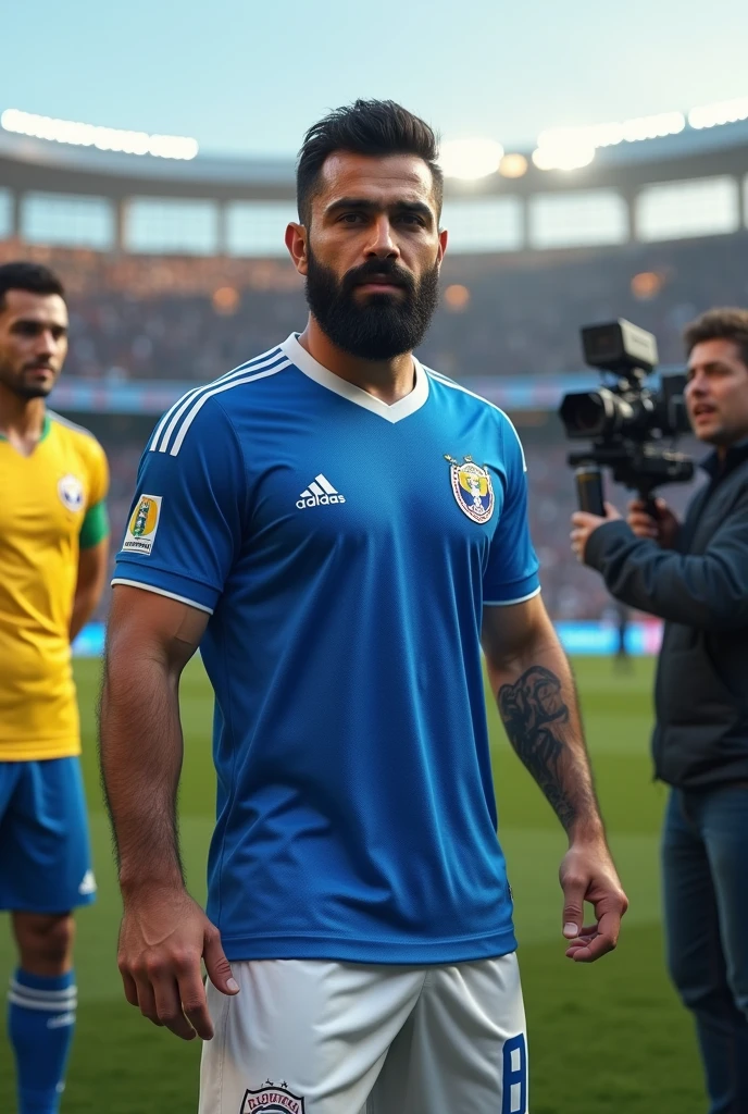 A strong hairy and bearded young Iranian man wearing the El Salvador national football team uniform. He must wear a blue shirt with white details and the Salvadoran Football Federation shield on the chest.. The shorts must be white with blue details., and the socks, blue with a white stripe. His expression should be confident, e a pose, Stately, reflecting their strength and pride by wearing the uniform, next to a player from the Brazilian national team giving an interview on TVcampo at the stadium.
