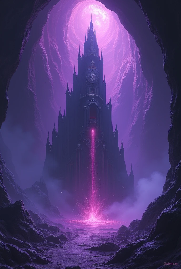 Une grotte avec des lueur violette  et un hotel de sacrifice 