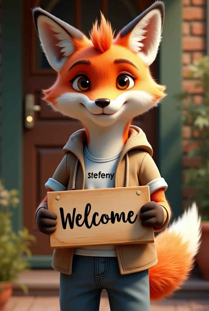 Realistic fox wearing clothes with Stefany written on it With a Welcome sign in his hand 