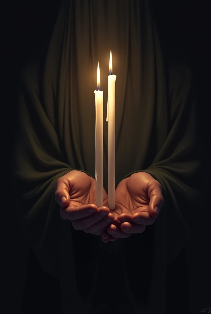 Long white candles in hands, darkness, PRAYER