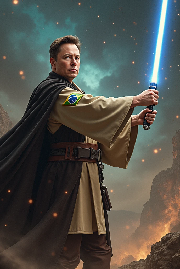 Image of Elon Musk wearing a Star Wars obi outfit with a Brazilian patch pushing Voldemort from Harry Potter away in a battle 