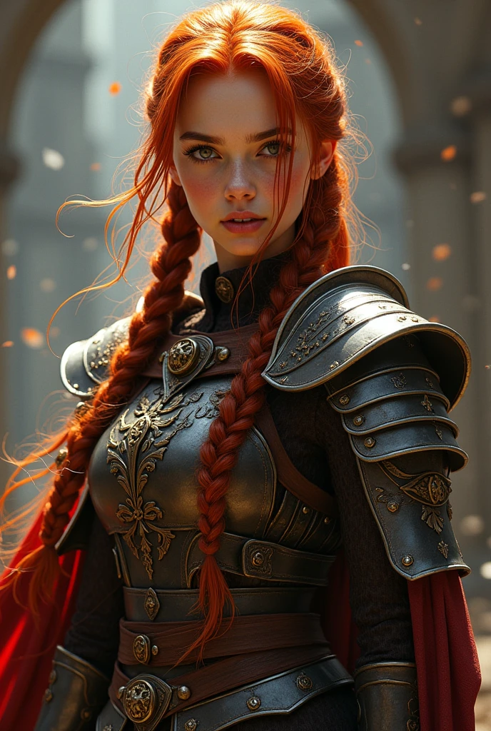 Portrait of a young human female cleric with red hair tied in battle-ready braids, dressed in leather armor embossed with holy symbols, gazing intently with her extremely long eyelashes accentuating the determination in her eyes, holds a warhammer imbued with divine runes, digital painting, focal length 85mm, aperture F 2.8, vibrant tones, high resolution, detailed textures, dramatic backlighting, cinematic.
