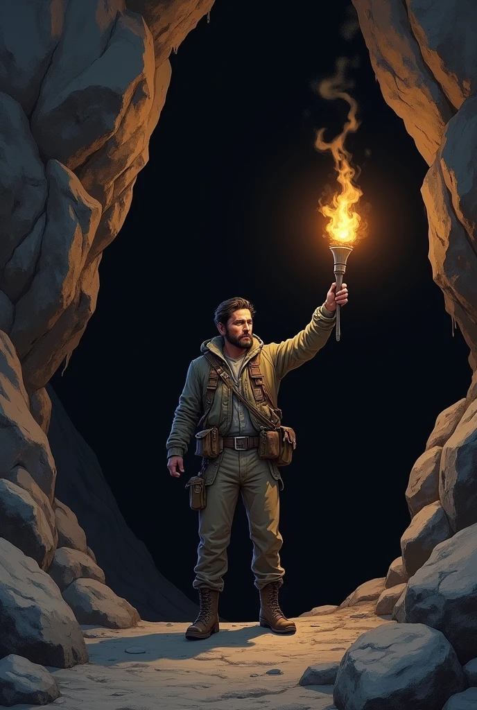 A man holding a torch at the door of a cave