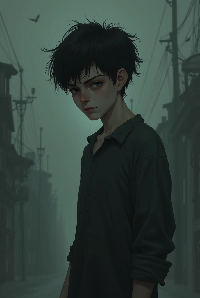 Male boy black hair dark eyes with dark circles skinny and tall