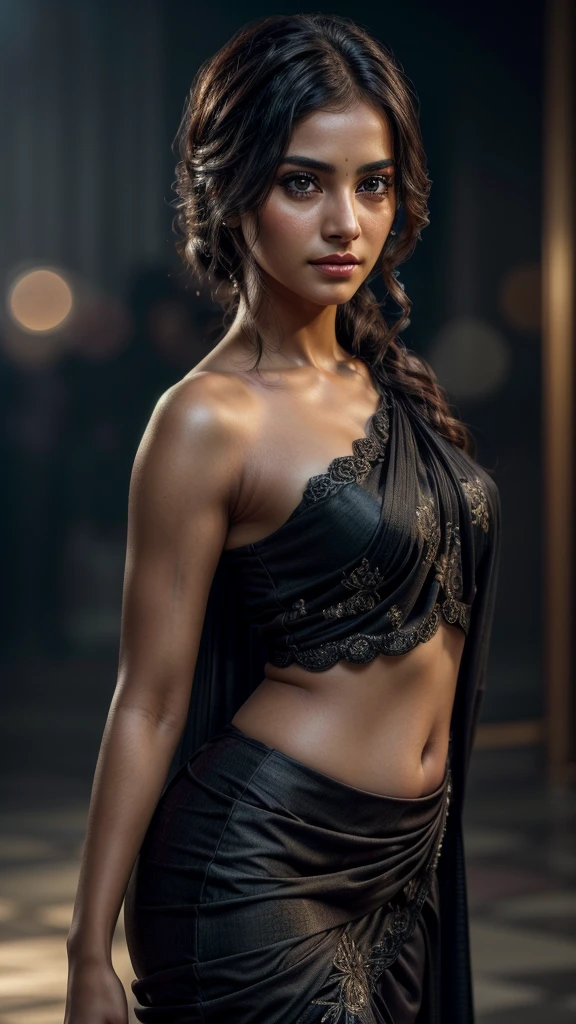 a gorgeous young fair skinned girl wearing a black saree, beautiful detailed eyes, beautiful detailed lips, extremely detailed eyes and face, long eyelashes, elegant pose, intricate saree folds, dramatic lighting, cinematic composition, warm color tones, dramatic shadows, photorealistic, masterpiece, (best quality,4k,8k,highres,masterpiece:1.2),ultra-detailed,(realistic,photorealistic,photo-realistic:1.37),HDR,UHD,studio lighting,extreme detail description,professional,vivid colors,bokeh