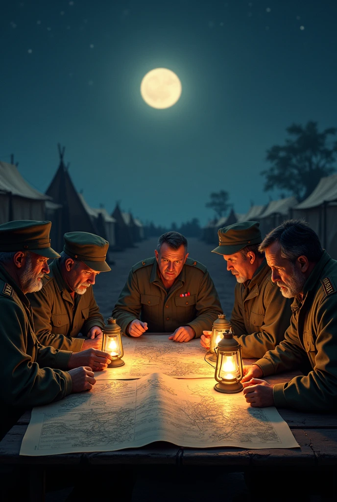 A group of 1800 soldiers talking at a table at night