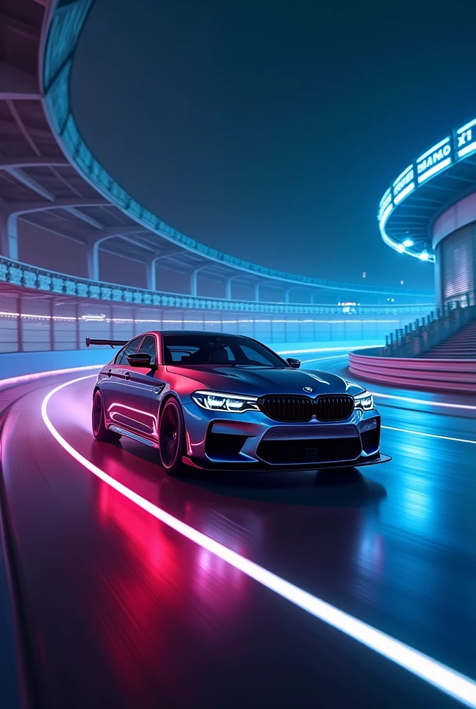 Bmw M5 competition on empty race track with neon blue and pink light 