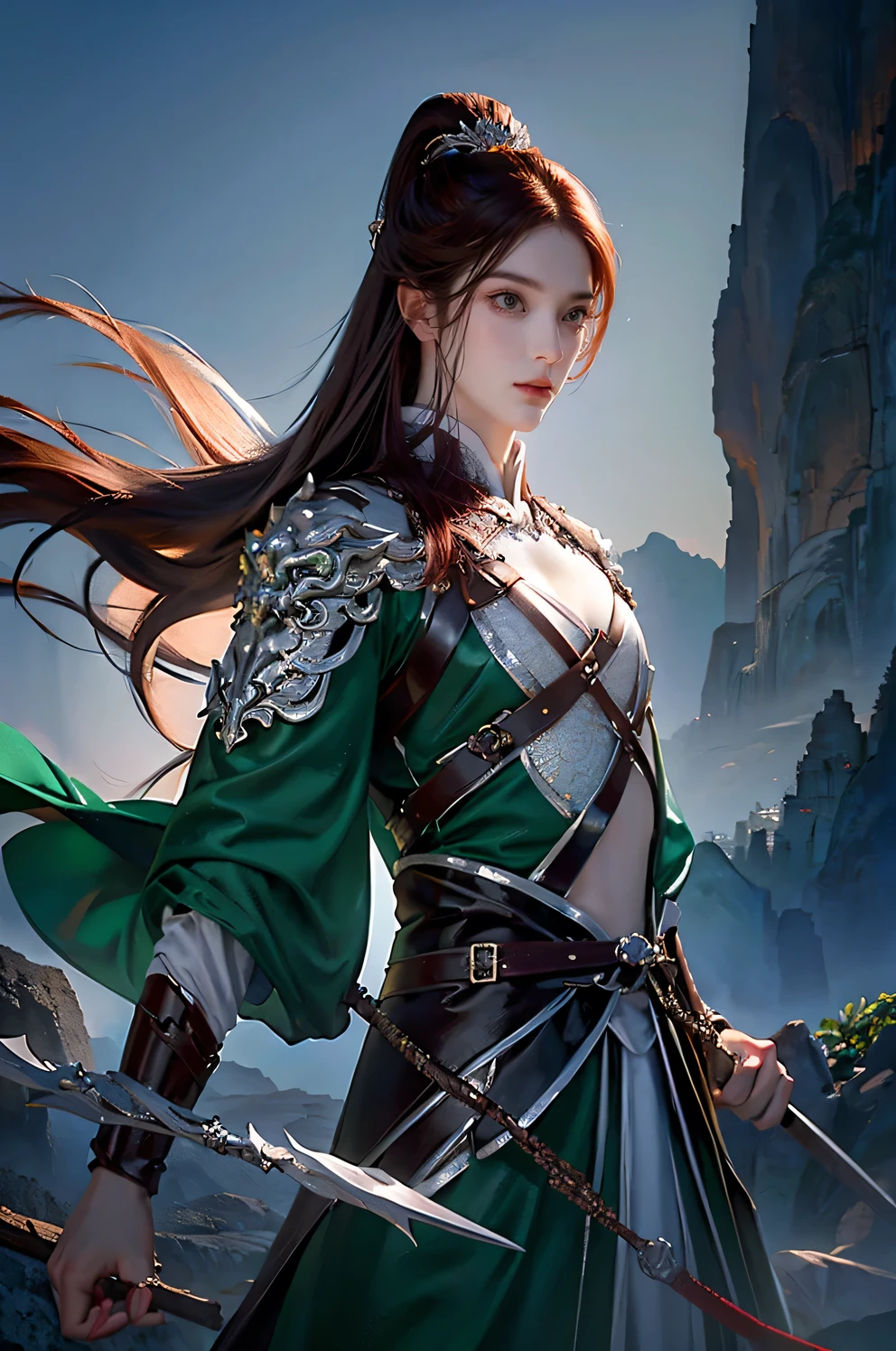 a man with long dark reddish brown hair and green eyes and a feminine face wearing Chinese armor over traditional Tang dynasty clothing, emerald and silver tones, bringing power and peace to the image, (best quality, 4k, 8k, high resolution, art - prime: 1.2), ultra detailed, (realistic, photorealistic, photorealistic: 1.37), extremely detailed eyes and face, long eyelashes, intricate armor details, traditional Chinese robes, flowing hair, emerald and silver color palette, expression powerful and serene, dramatic lighting, cinematic composition, award-winning digital art