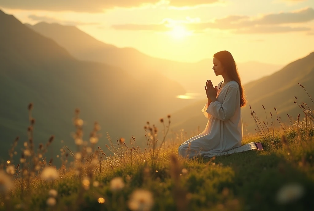 Use a background image that conveys peace and protection, like a serene landscape. Add visuals that refer to spirituality, such as a cross, an open Bible or hands in prayer.