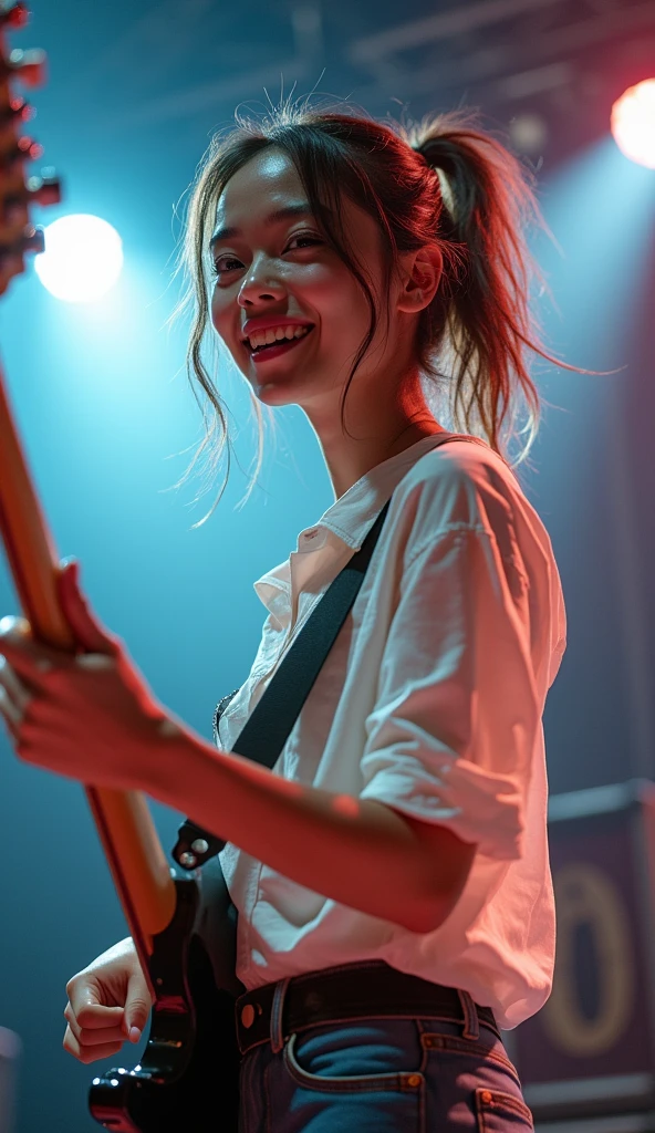Realistic, Japanese women, drummer, Playing the red drums, rock band, On the concert stage, Brightly lit by stage spotlights, Very bright lighting, white light lighting,Wearing a white shirt, Medium length light brown hair, ponytail, Hair blowing in the wind, Her hair is messy and unkempt..., beautiful, White and translucent skin, Sweat splash, Charming person, Very large breasts, Show me my skin, Natural Makeup, Small Nose, Smooth jawline, Glossy face, Blushing, 大きなsmile高解像度, Anatomically correct, Highest quality, Very detailed, Attention to detail, Looking down, Cowboy Shot, vision, smile,enjoy,Wide-angle shot, Uplifting,Gaze,