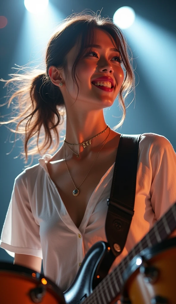 Realistic, Japanese women, drummer, Playing the red drums, rock band, On the concert stage, Brightly lit by stage spotlights, Very bright lighting, white light lighting,Wearing a white shirt, Medium length light brown hair, ponytail, Hair blowing in the wind, Her hair is messy and unkempt..., beautiful, White and translucent skin, Sweat splash, Charming person, Very large breasts, Show me my skin, Natural Makeup, Small Nose, Smooth jawline, Glossy face, Blushing, 大きなsmile高解像度, Anatomically correct, Highest quality, Very detailed, Attention to detail, Looking down, Cowboy Shot, vision, smile,enjoy,Wide-angle shot, Uplifting,Gaze, 