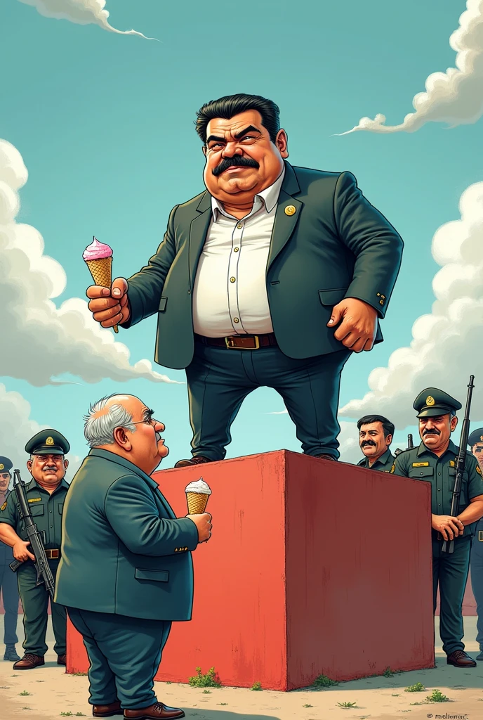 Cartoon of Nicolás Maduro mounted on a large platform with all his armed henchmen behind him, and from there yelling at an old, chubby man and the man is sitting eating a cone