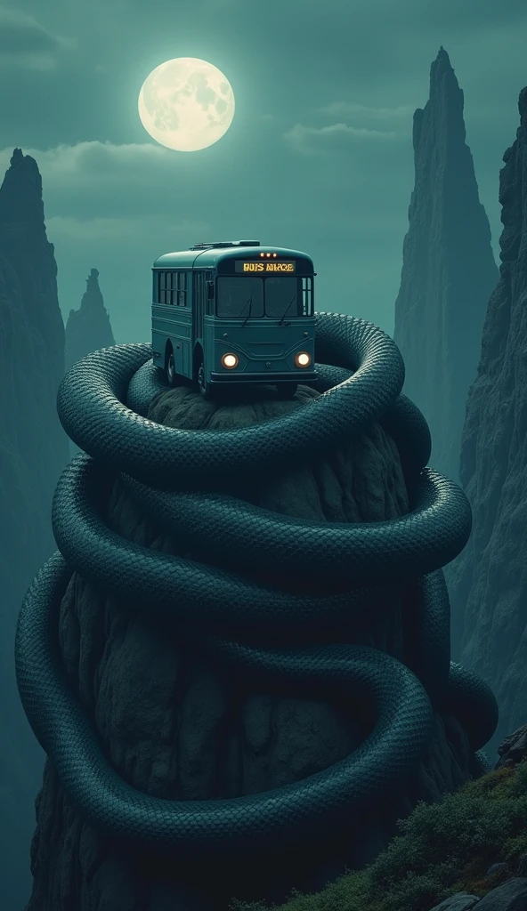 pythons surround the bus on a high hill, Snakes are bigger than cliffs at night.