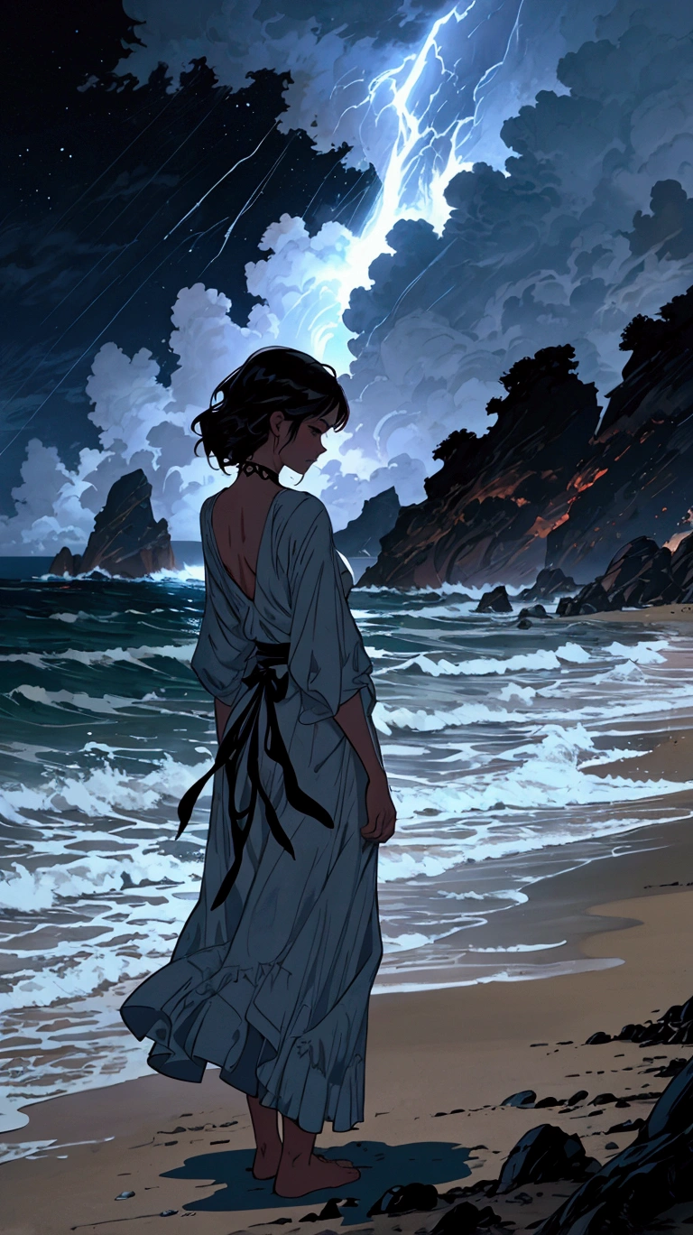 there is a woman standing on the beach looking at the ocean, charlie bowater art style, style of charlie bowater, makoto shinkai cyril rolando, martin ansin, alphonse mucha and alena aenami, stunning art style, by Kilian Eng, in style of charlie bowater, style of aenami alena