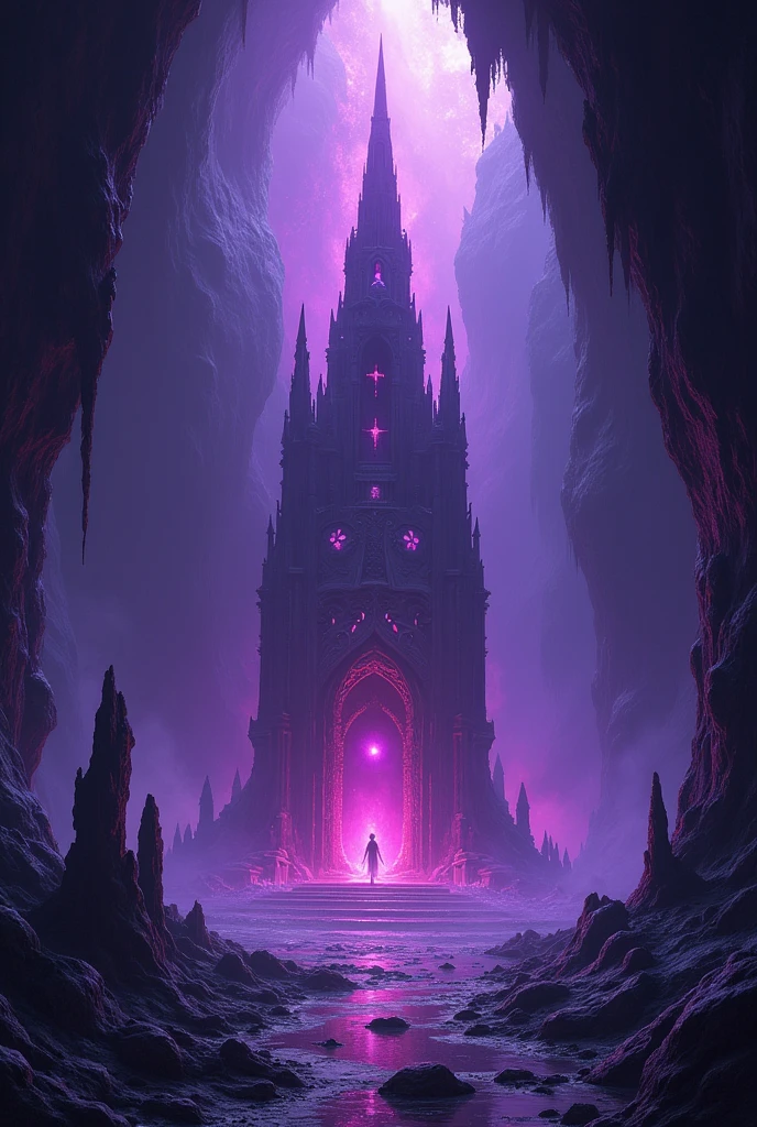 Une grotte avec des lueur violette et un hotel de sacrifice