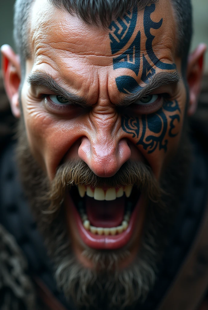 Face of a mega realistic Viking screaming with his teeth exposed, with a Nordic tattoo around his eye.  