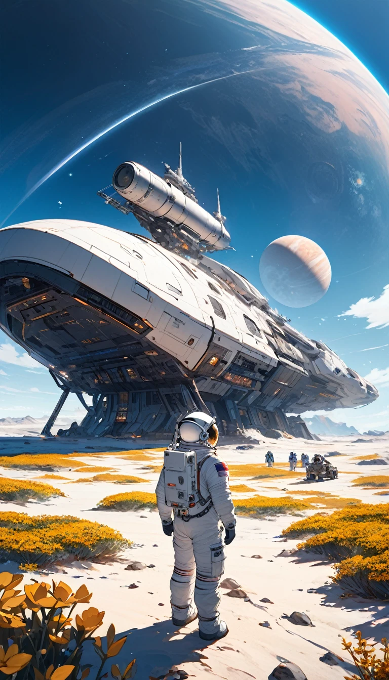 Astronaut with his back turned outside his ship, parked on an unknown planet with unknown flora and fauna with blue skies 
